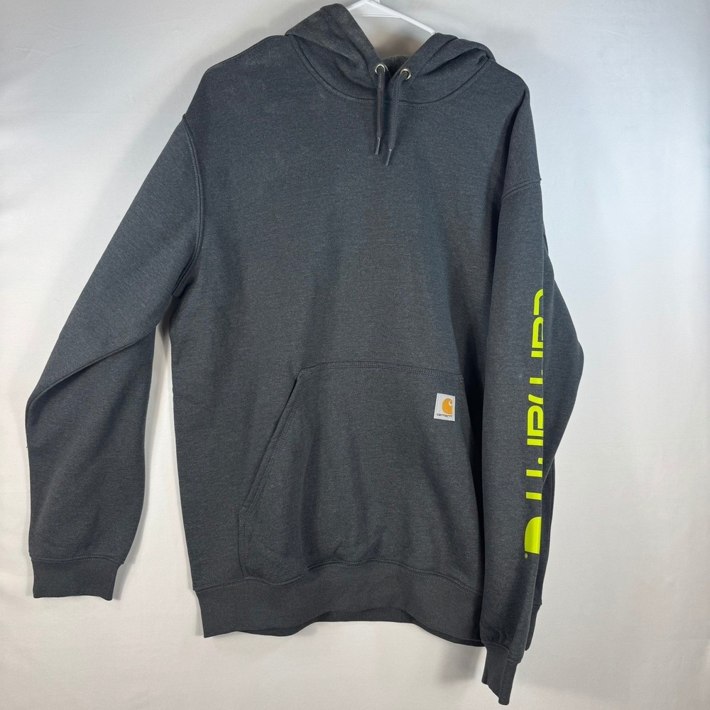 Carhartt Mens Loose Fit Midweight Hoodie Gray Neon Yellow Logo Sleeve Large